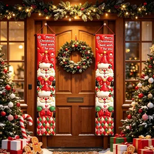 Vista dettagliata dello stendardo natalizio con simpatico Babbo Natale 3D e decori.