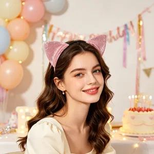 Serre-tete oreilles de chat pailletees roses, accessoire de cheveux brillant pour fete cosplay.