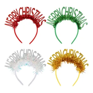 Details of Christmas glitter tinsel letter headbands in red green silver and gold colors.