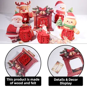 Close-up detail view of DIY wooden felt Christmas desktop ornaments fireplace decor set.