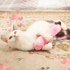 Detailed view of a cute cat playing with a soft pink plush kicker toy, perfect for pet fun.