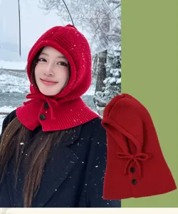 Close-up detail of the red knitted winter balaclava hood with buttons and warm scarf design.