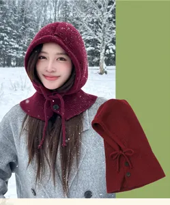 Detail view of the winter warm knitted balaclava hood scarf with cozy buttons and drawstrings.