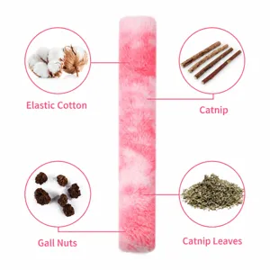 Detailed view of plush cat toy pillow with elastic cotton filling, silvervine and catnip.