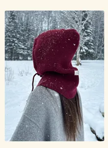 Knit balaclava winter warm red hood hooded bib ear protection fleece beanie hat detail view