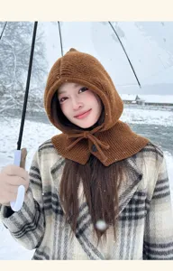 Knitted balaclava winter warm hooded scarf for women fleece thick cozy outdoor headwear