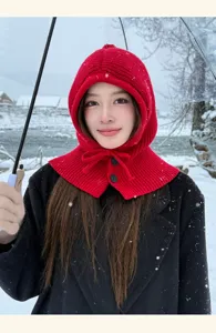 Red knitted balaclava winter warm hooded scarf ear protection pullover cap for women stylish cozy