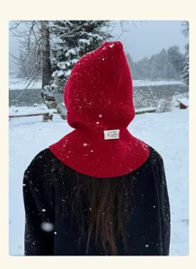 Red knitted balaclava hood detail showcasing ribbed texture and rear label in snowy winter scene.