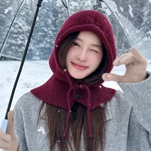 Winter warm knitted balaclava hat for women, thick woolen hooded scarf ear protection.
