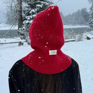 Red knit balaclava winter warm hood and scarf combo for women, soft thermal knitted beanie.