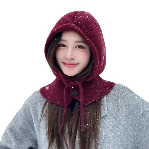 Winter warm knitted balaclava hooded scarf for women thick thermal windproof headwear outdoor
