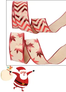 Ruban de décoration de Noël rouge chevron et feuille d'érable tissu pour emballage cadeau