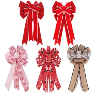 Christmas Tree Top Bowknot Hanging Ornaments Linen Flocking Red Pink Burlap Bow Festive Party Home Table Tree Decorations