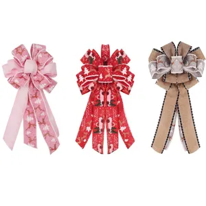 Christmas burlap ribbon bow decorations, vintage holiday tree hanging ornaments set of 3 pcs