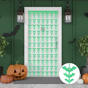 Halloween green bat hanging curtain detail scene, festive party door decoration props.