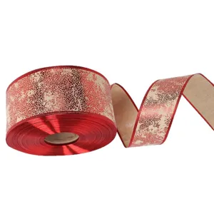 Ruban imprimé de Noël rouge et or, ruban d'emballage cadeau décoratif pour arbre et nœuds