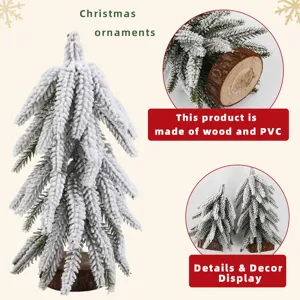 Detailed display of mini frosted Christmas tree with natural wood base for winter decor.