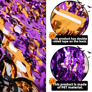 Halloween foil fringe curtain detail, glossy black purple orange PET material with adhesive tape