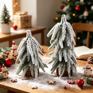 Mini artificial snow-flocked Christmas tree tabletop decoration cedar wood base ornament.