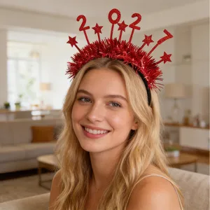 2027 New Year headband red tinsel star hair hoop for party celebration and holiday dress up.