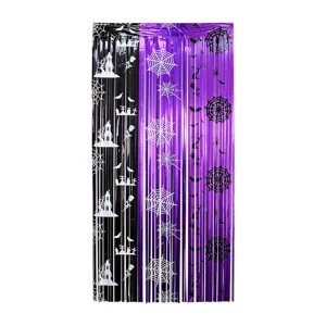 Vista dettagliata della tenda di lamelle viola e nera con motivi spettrali di Halloween.