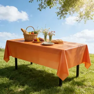 Dettaglio tovaglia in plastica fluorescente arancione vivace, ideale per feste all'aperto e picnic.