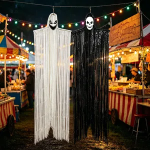 2M Halloween Appeso Fantasma Decorazione con Frange Seta Spaventoso Teschio Festa Prop Decor