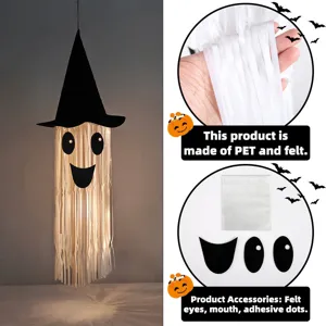Halloween glowing ghost hanging decoration detail showing PET tassels and felt accessories.