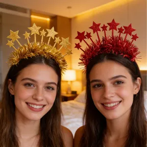 Glitter star tinsel headband for New Year party, sparkly holiday celebration hair accessory.