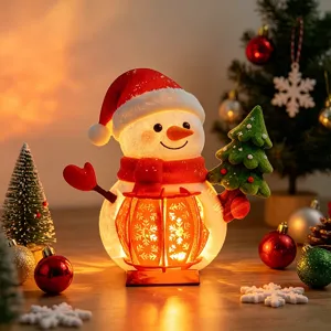 Christmas snowman glowing ornament tabletop decor with miniature tree and LED lantern light.