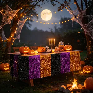 Halloween tinsel table skirt black purple orange metallic fringe for party dining decor