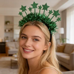 Green tinsel star headband for New Year party, sparkling holiday hair hoop for festive events.