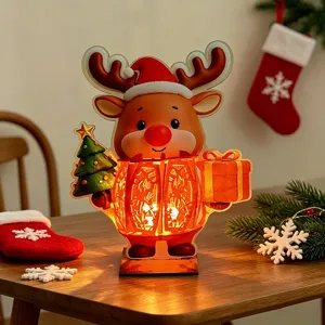 Wooden Christmas reindeer lighted table ornament, festive LED decor for holiday home desktop.