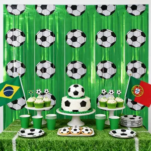 Groen PET Metalen Franje Gordijn Met Voetbal Print Ontwerp Wereldbeker Sport Thema Verjaardag Viering Feest Achtergrond Streamer Muur Decoratie Banner