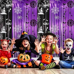 Tenda frange metallizzate viola nero Halloween sfondo decorazione festa ragnatela design.