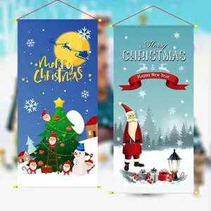 Weihnachtliche dekorative Cartoon Hängeflaggen mit Weihnachtsmann, Schneemann und Baum für Deko.