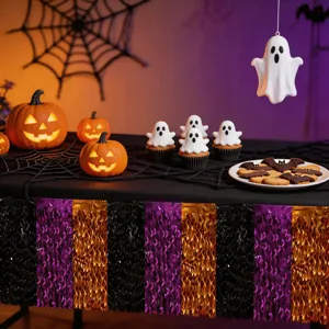 Halloween black purple orange foil fringe table skirt for party decor & spooky events.