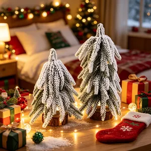 Mini frosted artificial cedar Christmas trees with wood base for festive desktop and window decor.