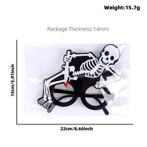 Halloween Skelett Filz Brille Detailansicht mit genauen Abmessungen und Verpackung.