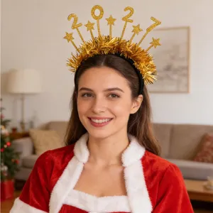 Close-up of the 2027 star tinsel headband worn by a model for New Year party celebrations.