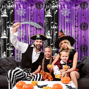 Tendina frange alluminio viola nera Halloween, sfondo decorazione porta ragnatela festa.