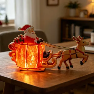 Wooden Christmas Santa Claus and Reindeer glowing ornament with LED light for desktop decor.