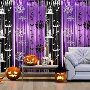 Halloween Tenda di Lamina Viola Nero Stampa Ragnatela Tenda a Frange per Decorazione Festa Tenda Porta Casa Stregata