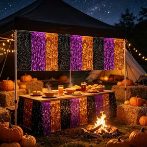 Halloween black purple orange metallic tinsel fringe curtain and table skirt for party decor.
