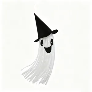 Halloween hanging ghost decoration with witch hat and glowing LED lights for party decor.