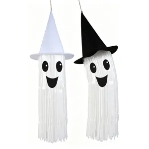 Halloween hanging ghost decoration with white and black witch hats, festive party design.