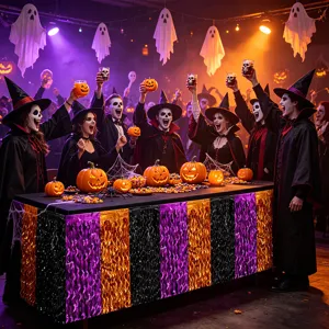 Halloween black purple orange foil fringe table skirt for festive party dining table decor.