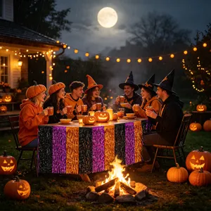Halloween party table skirt, black purple orange tinsel fringe decorations for holiday.