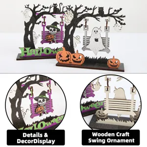 Halloween wooden swing ornament with ghost skeleton pumpkin, desktop decor for holiday party.