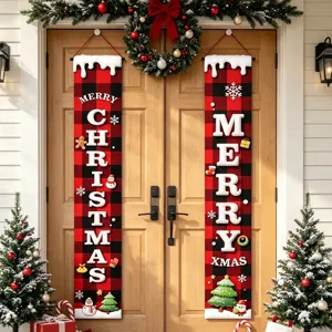 Banner per porta di Natale, motivo a quadri rosso nero per decorazione festa nuova.